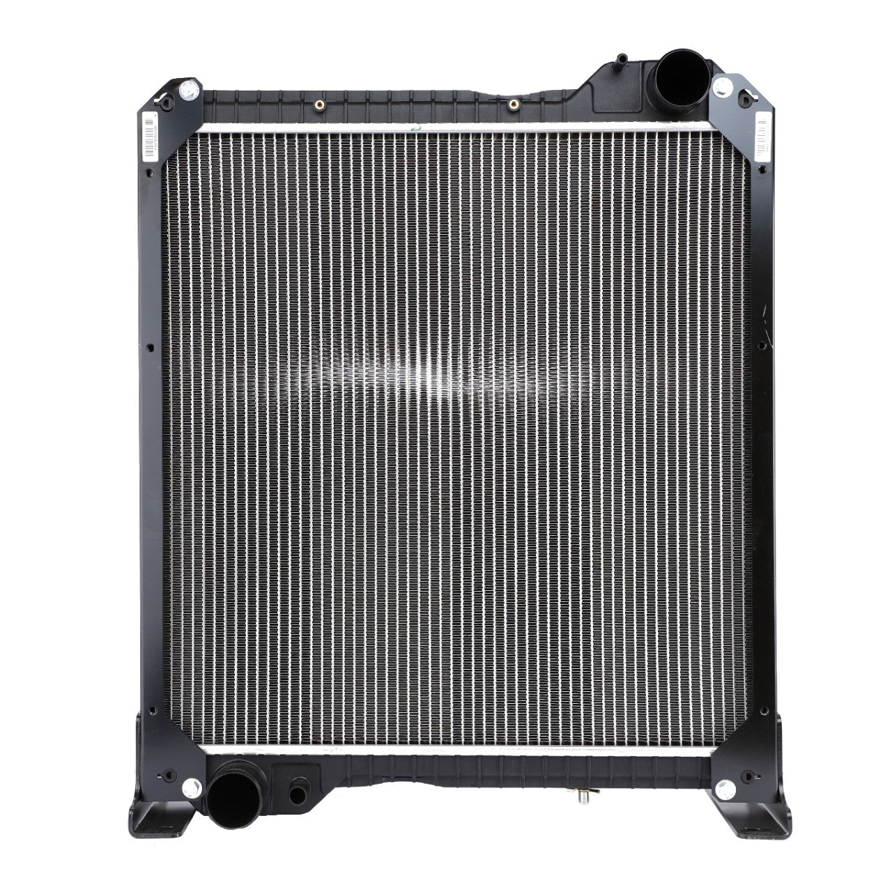 Experience superior durability with the AGCO Genuine Radiator, Model 3780221M5. Designed for optimized efficiency, this radiator features metal cooling fins, a black frame, and visible inlet and outlet ports on the top and bottom edges.