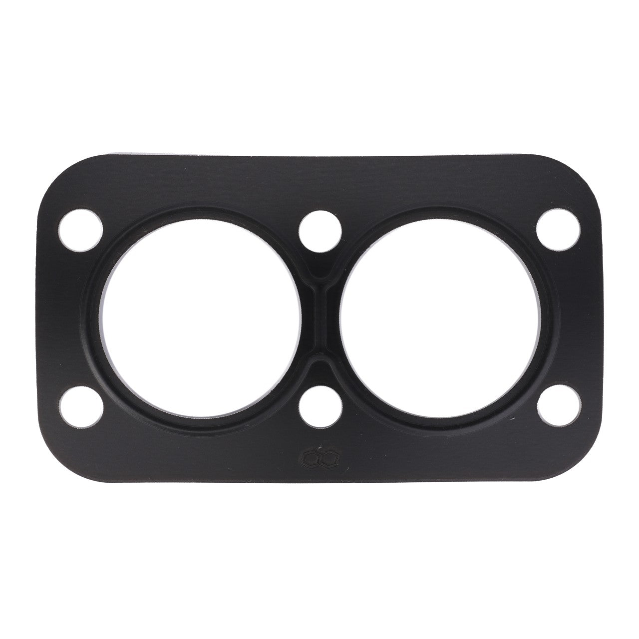 The AGCO | Seal - F842201090100 by AGCO is a black, rectangular metal gasket featuring two large circular openings and six smaller holes, specifically designed for Massey Ferguson machinery.