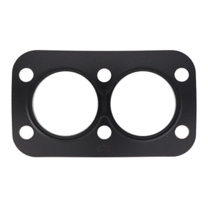 The AGCO | Seal - F842201090100 by AGCO is a black, rectangular metal gasket featuring two large circular openings and six smaller holes, specifically designed for Massey Ferguson machinery.