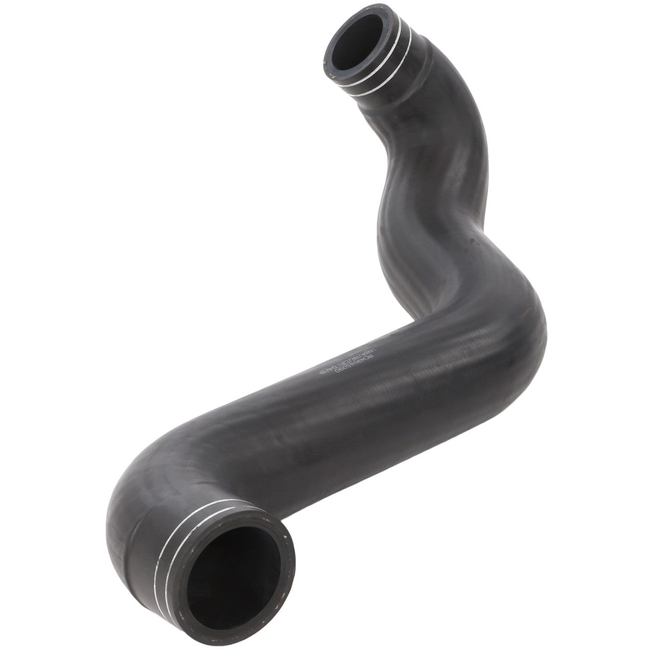 The AGCO | Hose - Acw9565090 is a curved black rubber hose featuring metal reinforcements on both ends. No current product description information is available.