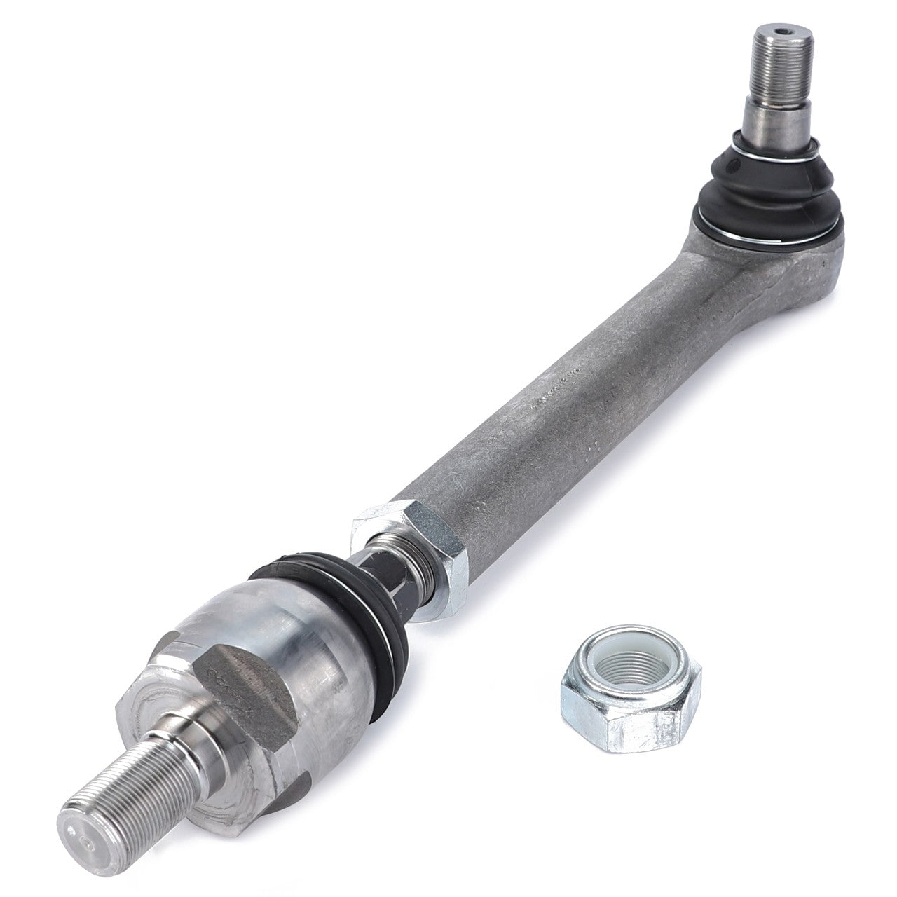 Introducing the AGCO | Tie Rod & Ball Joint Assy - 7502464002: a durable metallic automotive tie rod end featuring a threaded shaft and ball joint, specifically designed for Massey Ferguson models, and accompanied by a separate nut.