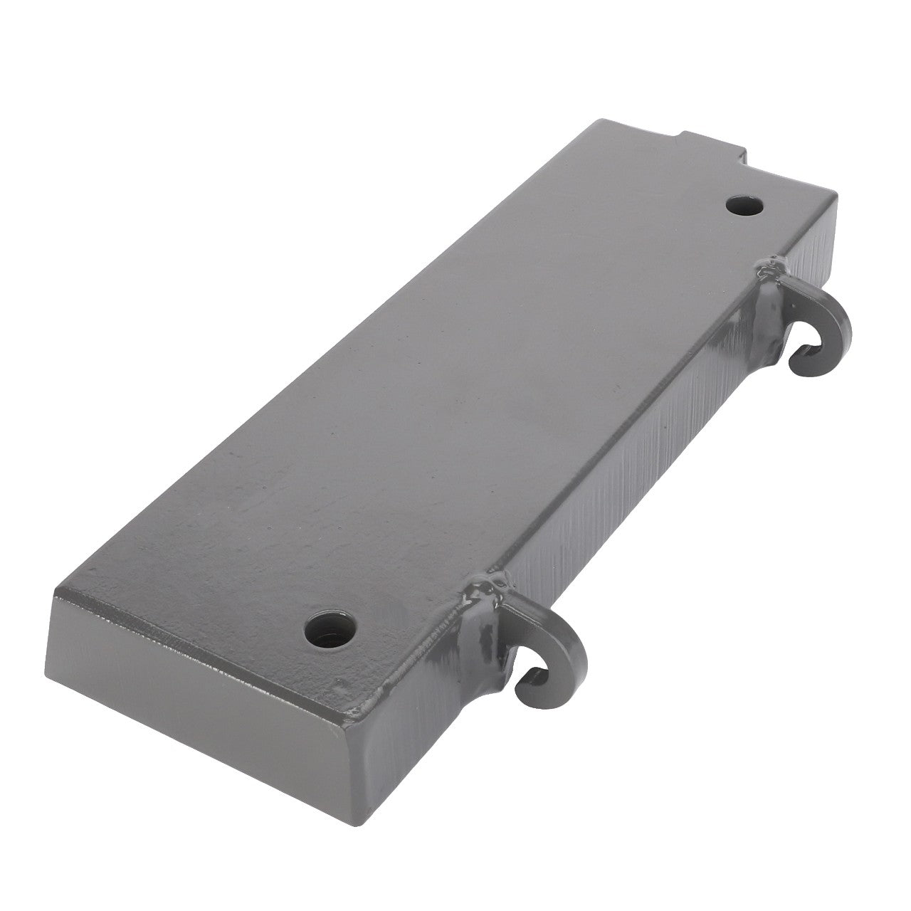 AGCO Clevis Pin (7300105403) is a rectangular metal plate with two curved hooks attached at one end and two circular holes, specifically designed for Fendt models. The plate is painted gray.