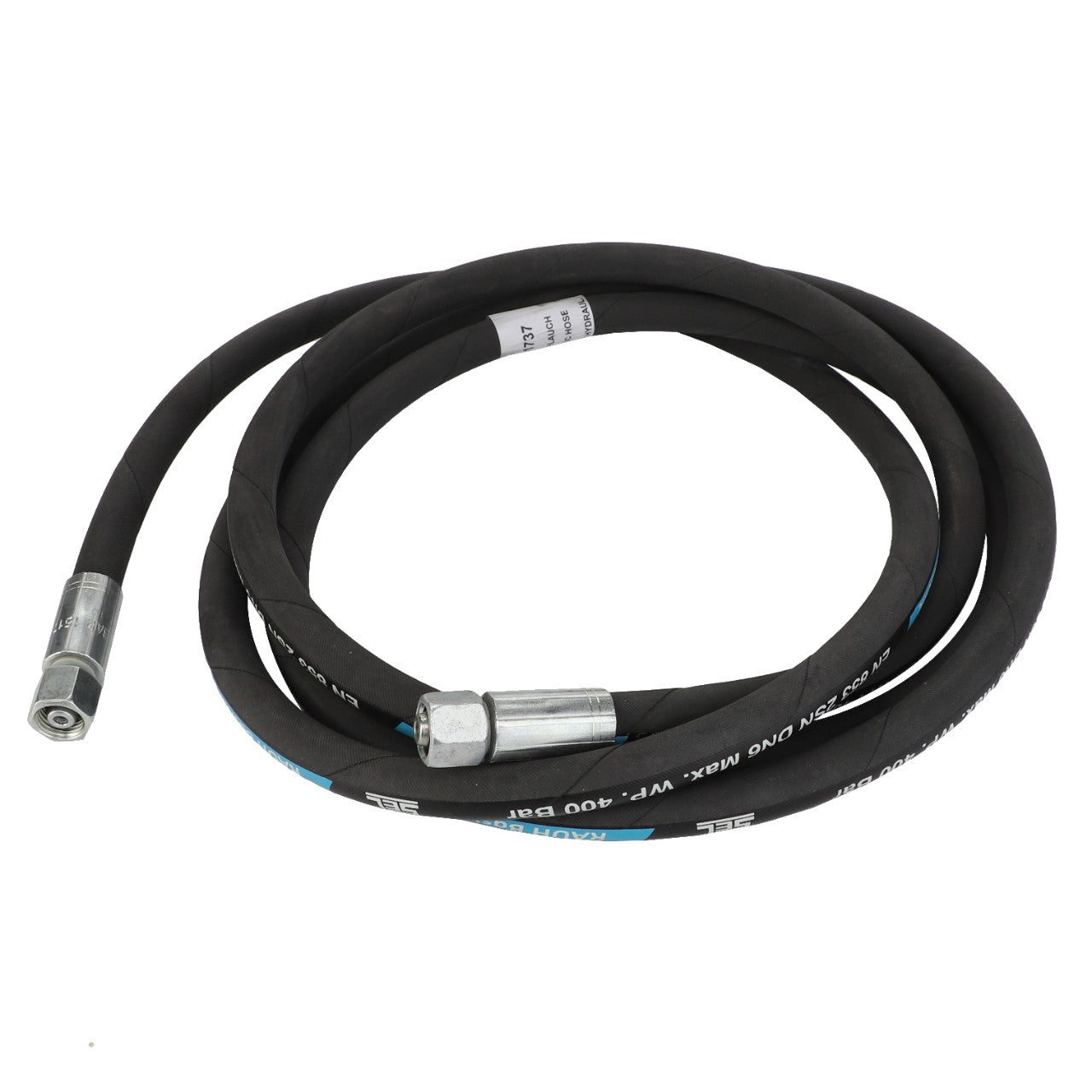 AGCO | Hydraulic Hose - Fel151737: This black coiled hydraulic hose comes with sturdy metal connectors at both ends.