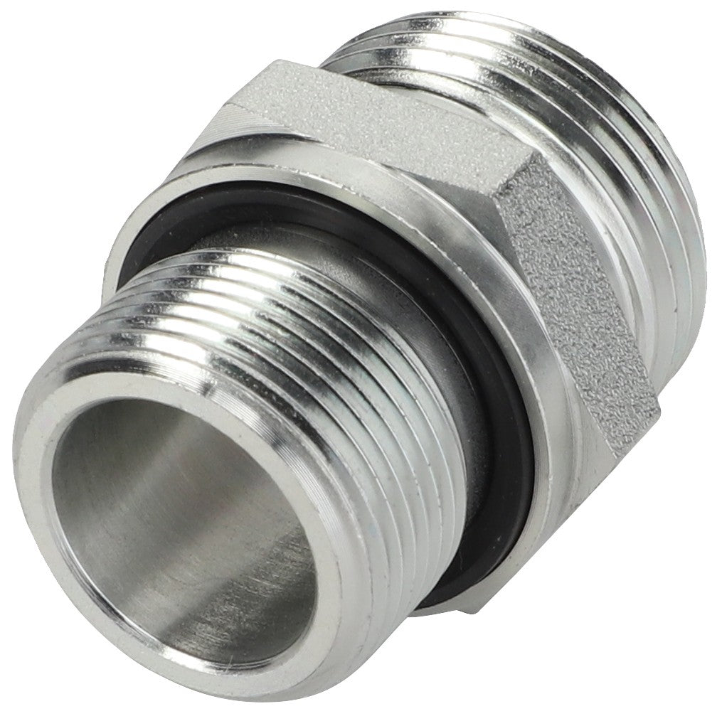 The AGCO | Union - 3007691X91 is a robust metallic double-ended pipe fitting that includes threaded connections and a central rubber gasket for superior sealing.