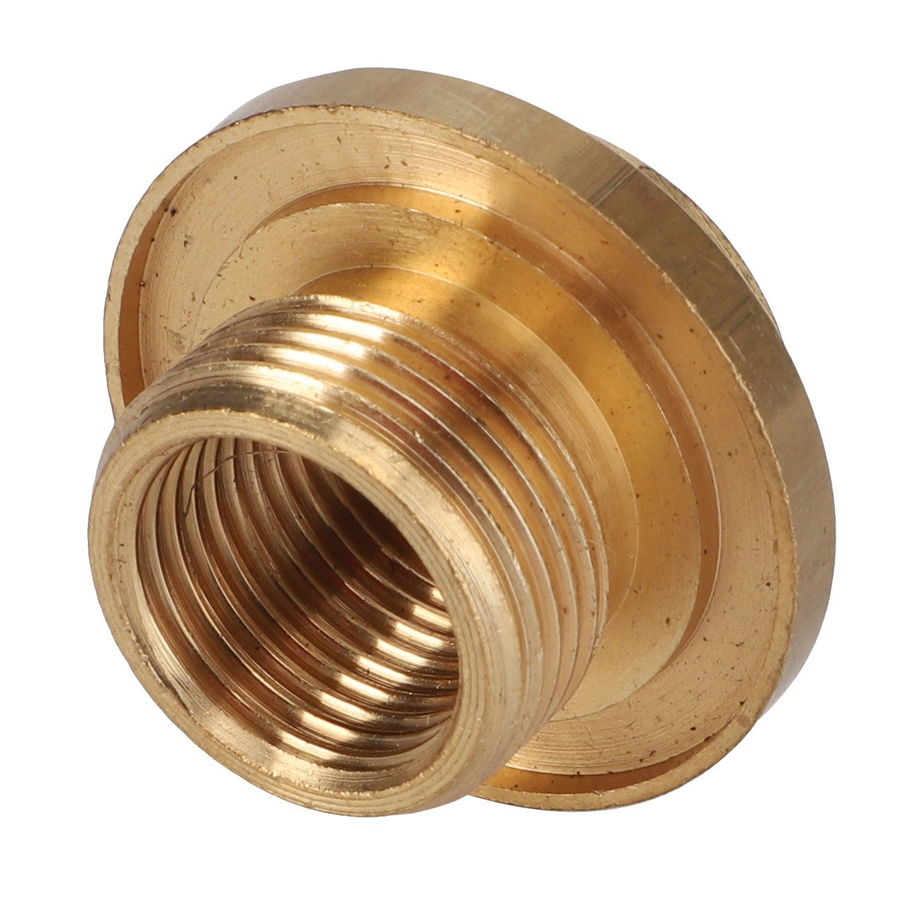 Close-up of the AGCO Union - Acp0378150 brass threaded plumbing fitting with a flat circular flange.