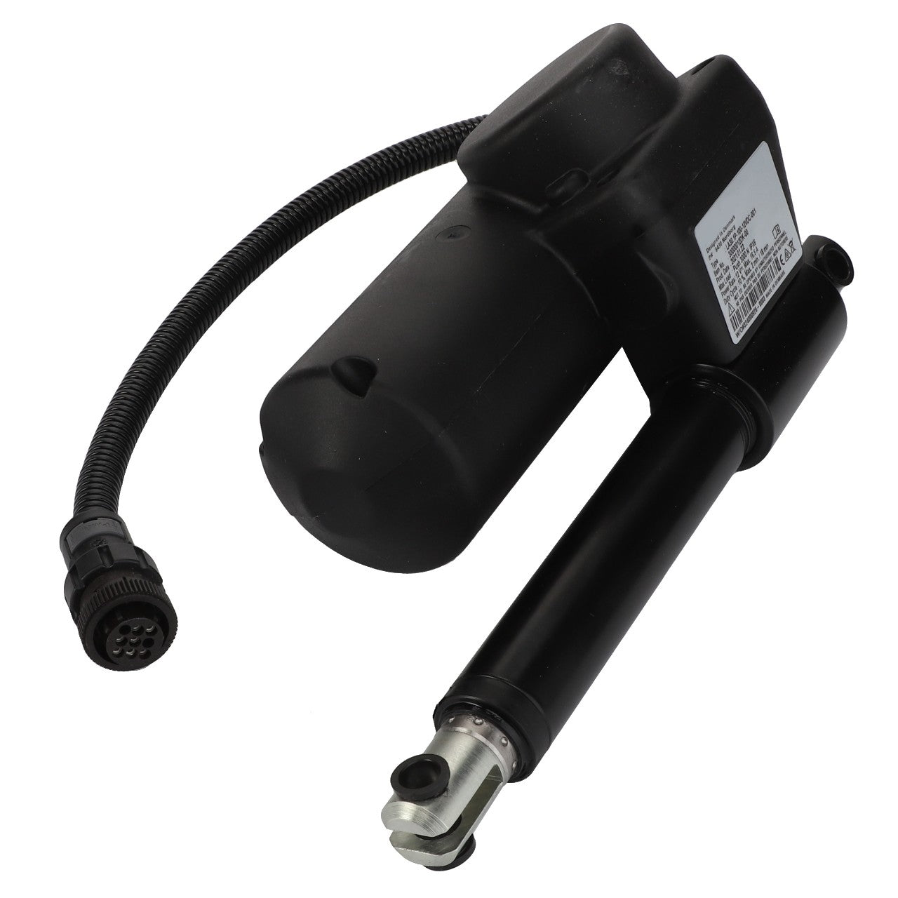 The AGCO | ACTUATOR - D28782530 is a black linear actuator featuring an attached flexible cable and connector. No current product description information is available.