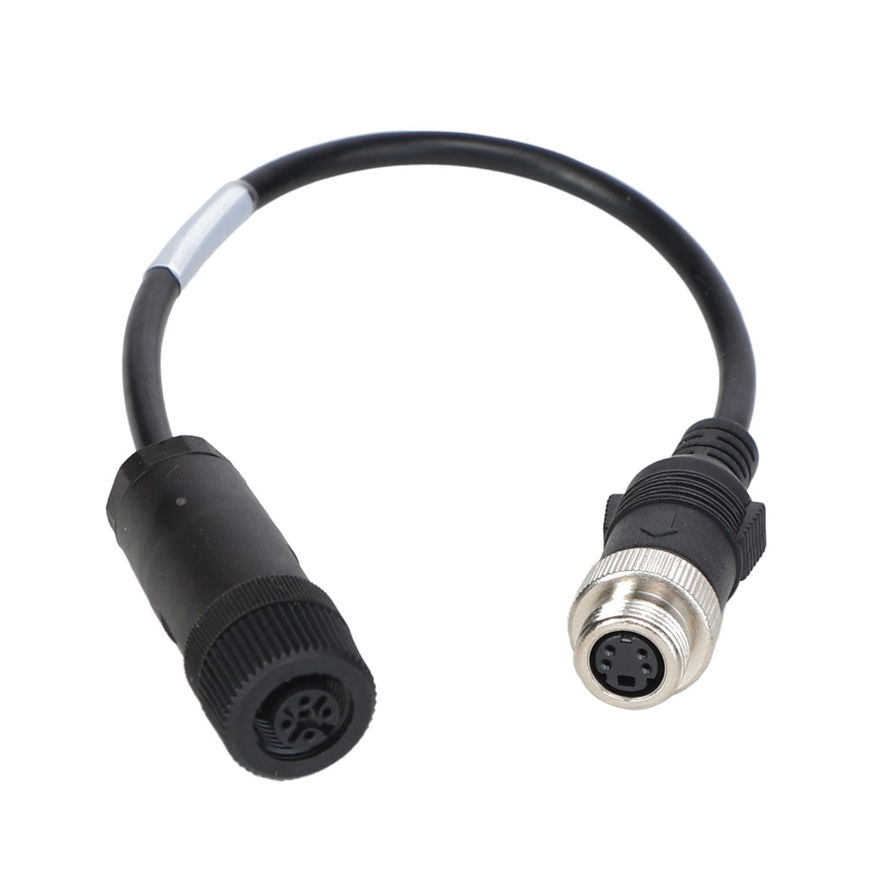 The AGCO ADAPTER WIRE HARNESS - ACZ0003390 is a black electrical cable with circular connectors on each end, featuring a three-pin configuration on the metal connector. No current product description information is available.