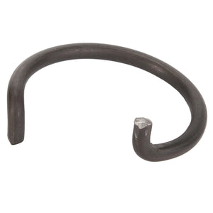 The AGCO | SPRING - D28985261 is a bent, dark-colored metal rod with one flat end and one curled end, forming an incomplete circle. No current product description information is available.