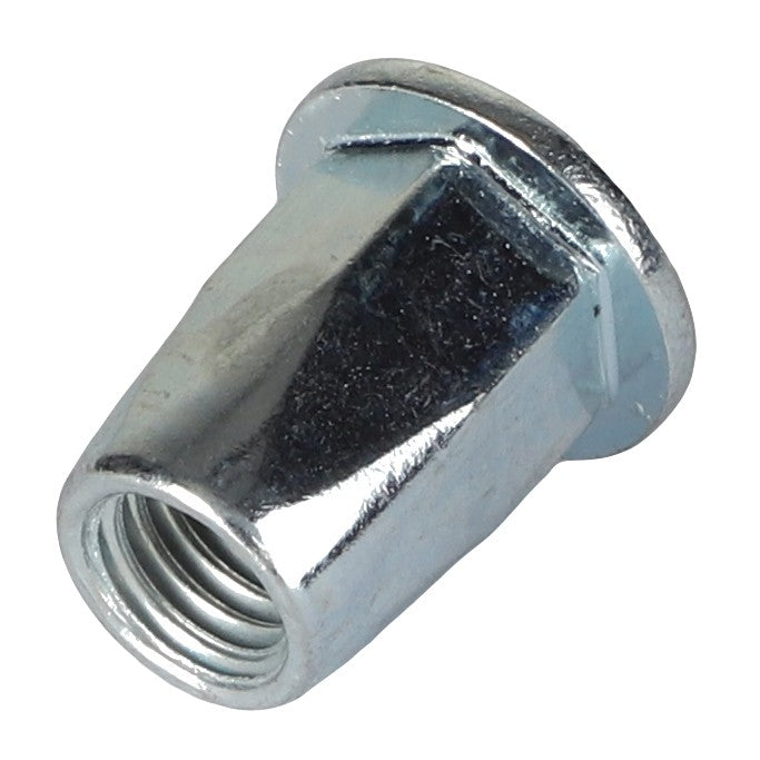 A close-up of the AGCO Blind Rivet Nut - Acw1061360, a silver metal nut with an integrated washer, featuring internal threading and a hexagonal base for wrench tightening. No current product description information is available.