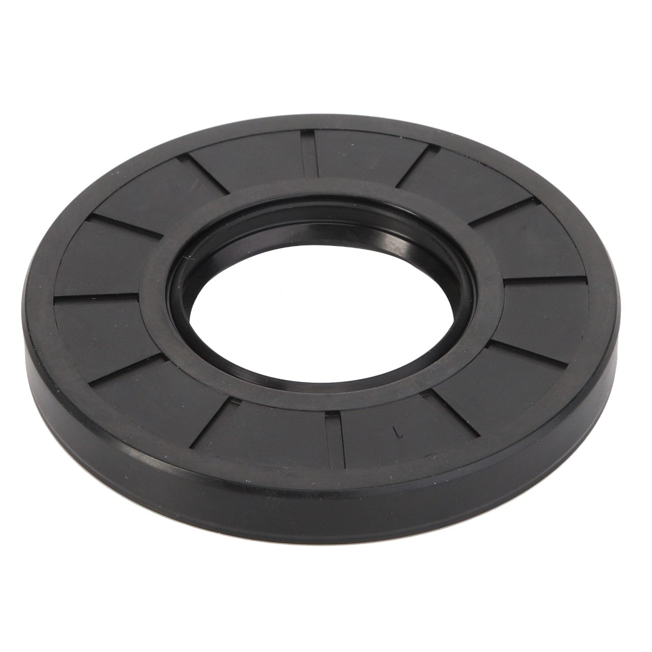 The AGCO | Oil Seal - Acp0443660 is a black, circular rubber gasket with an open center and radial grooves, designed to ensure reliability and performance in sealing and reducing friction in mechanical applications.