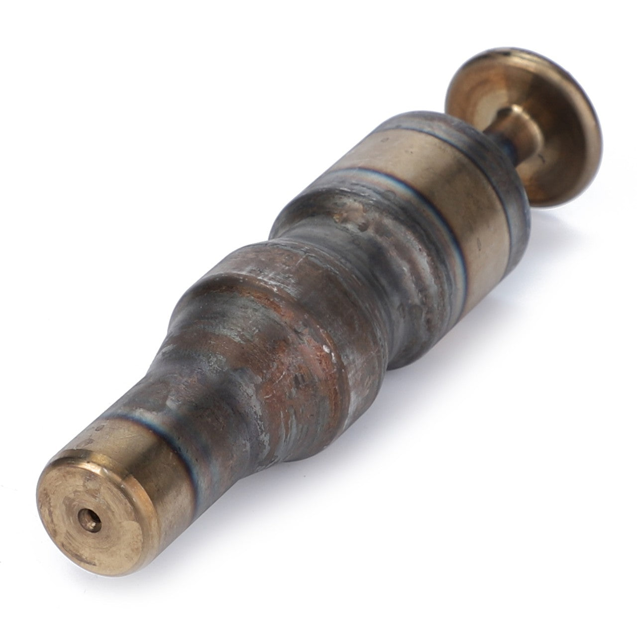 A vintage-style mechanical component, the AGCO Coupling Bolt - F312500072200, features a metal cylindrical shape with a tapering middle section and brass-colored ends.