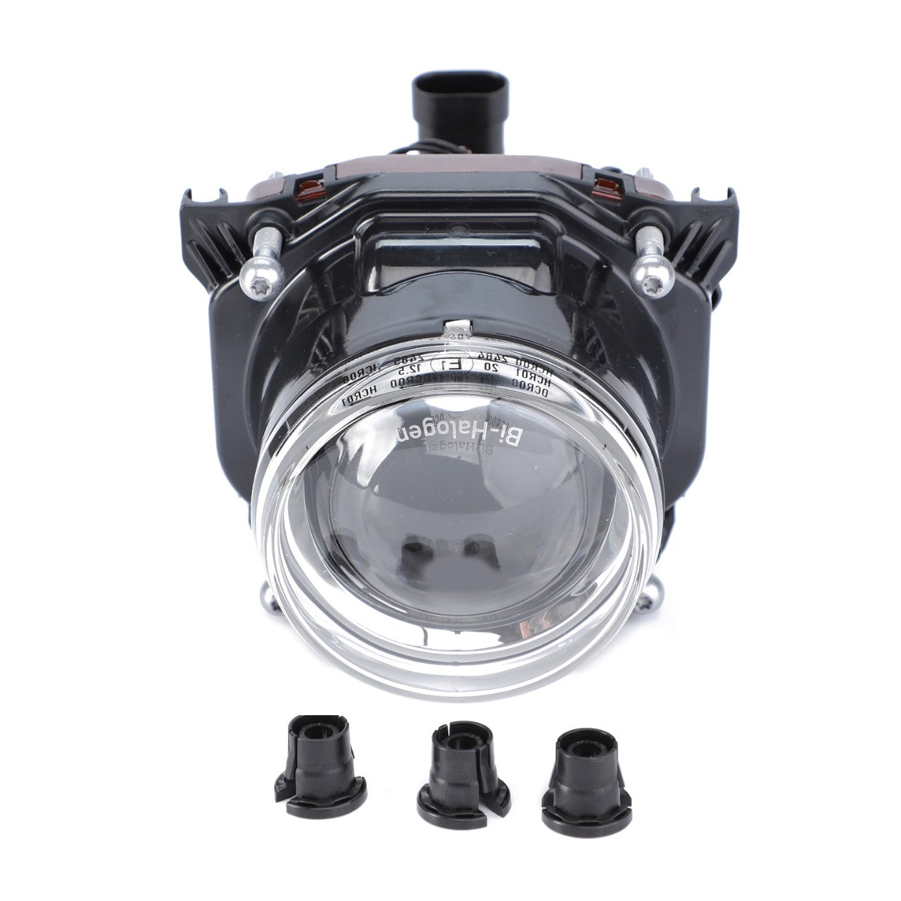 Close-up of a car headlight assembly with a clear lens and three plastic connectors placed in front of it on a white background, reminiscent of the robust design found in the AGCO Headlight, Dip, Uk & Ireland Only (V63995000) for Massey Ferguson tractors.