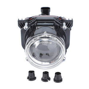 Close-up of a car headlight assembly with a clear lens and three plastic connectors placed in front of it on a white background, reminiscent of the robust design found in the AGCO Headlight, Dip, Uk & Ireland Only (V63995000) for Massey Ferguson tractors.