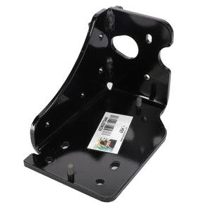 The AGCO Bracket - Acw2275440 is a black metal bracket featuring multiple round holes and a barcode sticker. This right-angle bracket includes bolts extending from its base. Currently, no additional product description information is available.