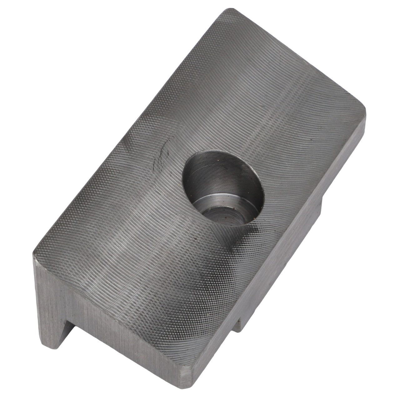 The AGCO | Angle Bale Stop - Acx2873610 by AGCO is a durable metal block featuring a textured surface and a central cylindrical indentation, providing both durability and functionality.