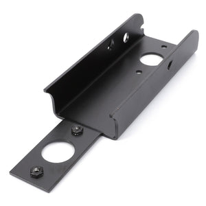 The AGCO Support, Flasher, Right (4273311M2) is a black metal bracket with a rectangular base that features two bolt holes and comes with two bolts inserted through the base. The upper section includes flanges with several additional holes, designed to be compatible with Massey Ferguson models.
