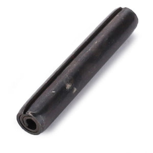 The AGCO | Spirol Pin - 3009322X1, a black tension roll pin with a slightly worn surface, is ideal for securing the position of components in mechanical assemblies.