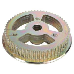 The AGCO Sprocket - Acw9566840 by AGCO is a metal sprocket wheel with three large cutouts, a toothed edge, an iridescent finish, and two small bolts. No additional product description information is available at this time.