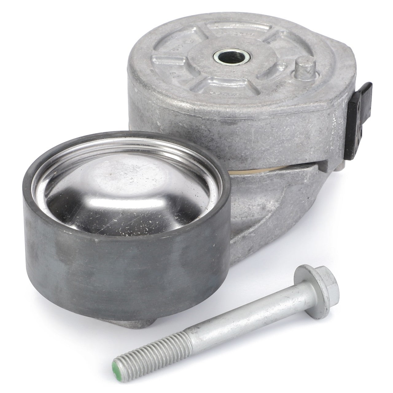 The AGCO Belt Tensioner (4227209M91) for serpentine belts includes a metal pulley, a metal cap, and an accompanying bolt. Designed specifically for Fendt models, this Genuine AGCO product ensures optimal belt tension and performance.