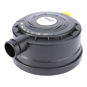 A black cylindrical plastic device with a side nozzle and circle-shaped protrusions, labeled "AGCO" on the top. Crafted from high-grade materials, it features icons and a yellow tab on the surface for prolonged service life. This product is known as the End Cap - F411201090090.