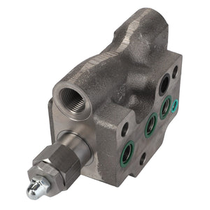 Close-up of the AGCO | Valve - Acp0670260, a metal hydraulic control valve featuring multiple ports and fittings, designed for managing fluid flow in hydraulic systems.