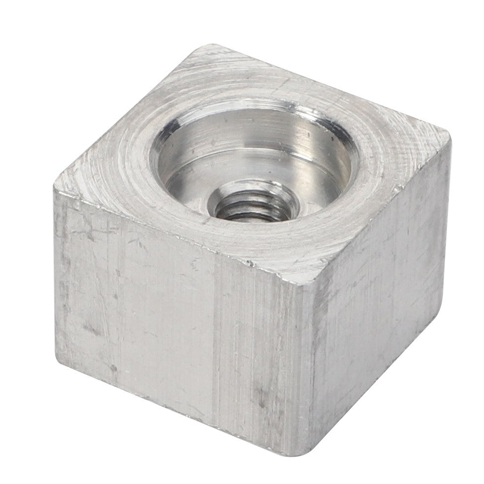 Currently, there is no product description available for AGCO's Lock - Acp0331350, a metallic square-shaped nut with a threaded hole at the center.