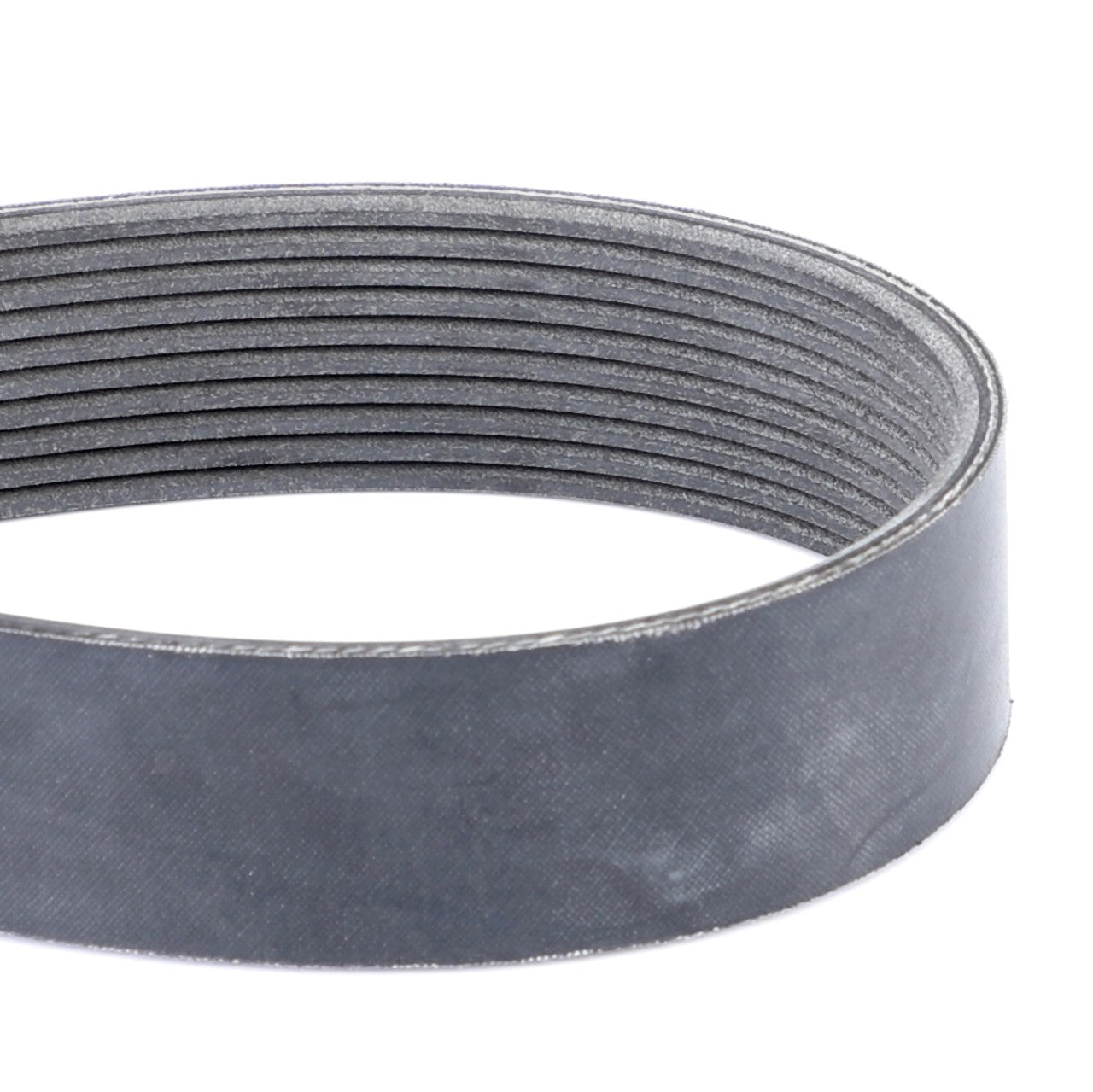 A close-up view of the AGCO Genuine Serpentine Belt, Pk10 Profile - F416200040010, featuring visible ribs to ensure optimal performance for Fendt Models.