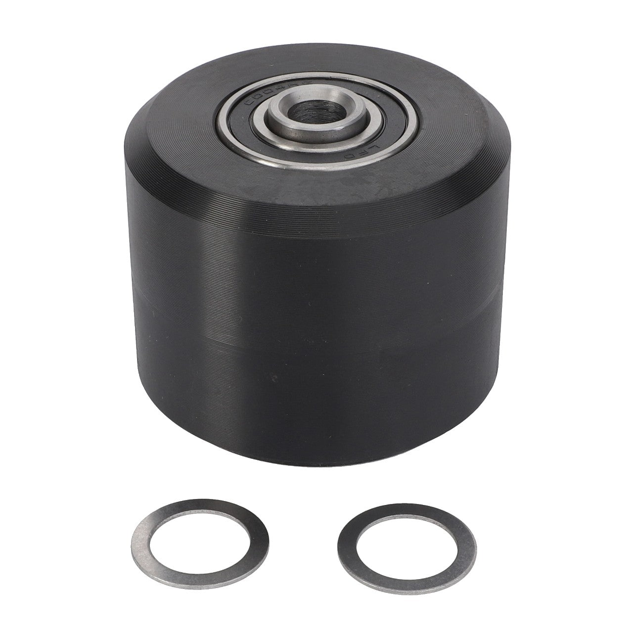 A black cylindrical roller with an integrated bearing and two metal washers, perfect for Massey Ferguson or Fendt machinery, is available as the AGCO Roller - 4898-14-06-37 from AGCO.