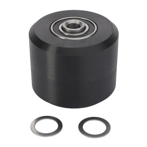 A black cylindrical roller with an integrated bearing and two metal washers, perfect for Massey Ferguson or Fendt machinery, is available as the AGCO Roller - 4898-14-06-37 from AGCO.