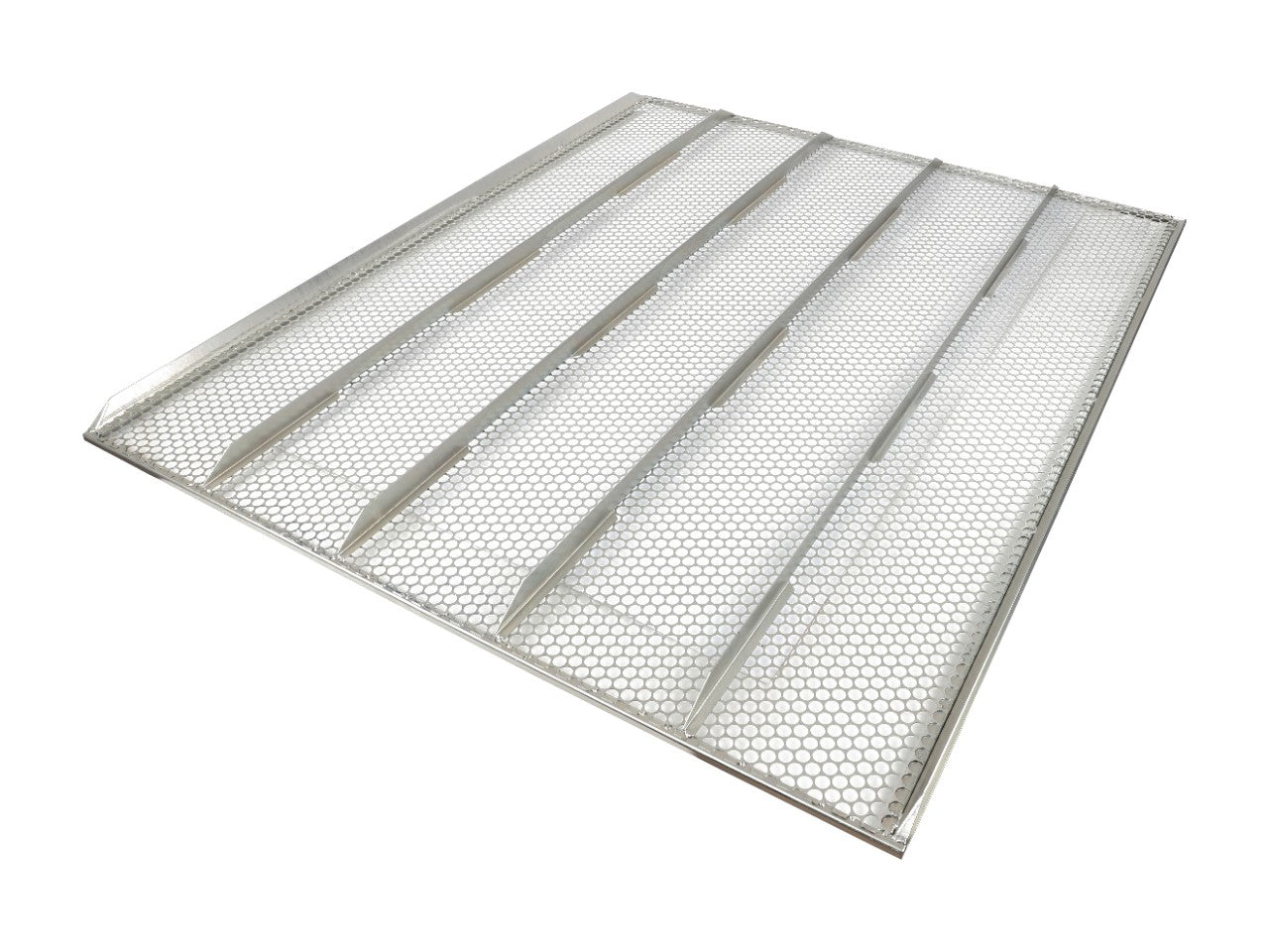 The AGCO Sieve Model La320960650 is a robust rectangular metal mesh panel, enhanced with vertical support beams for additional stability.