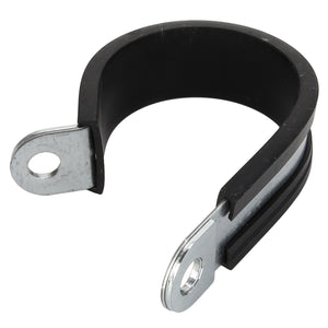 The AGCO CLAMP - D45730003 is a durable metal cable clamp featuring a rubber-insulated loop and two flat, perforated mounting tabs for easy installation.