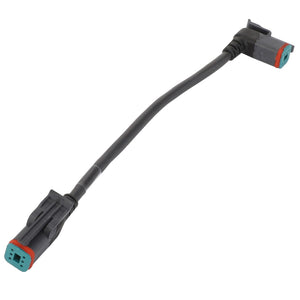 Image of an AGCO Extension Harness - Acw7478010, a black electrical connector cable featuring three-pronged connectors on both ends, with one connector straight and the other angled at 90 degrees. The product is manufactured by AGCO.