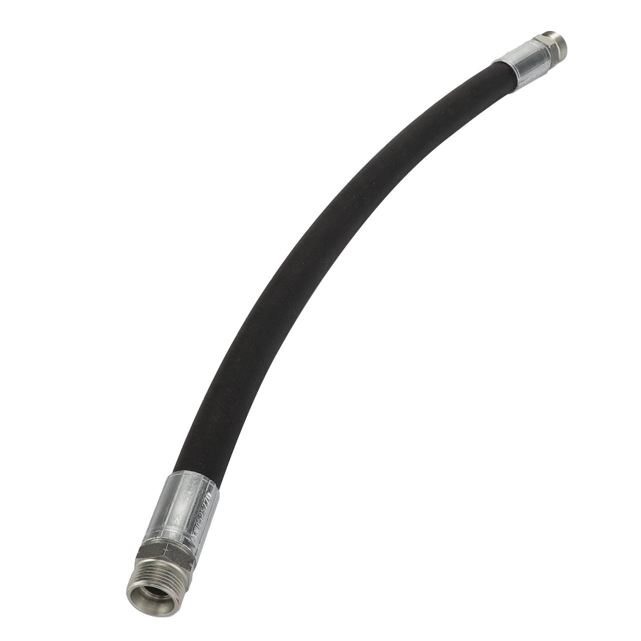 The AGCO Hydr. Hose - Acw0525770 is a flexible black rubber hose with metal connectors at both ends, slightly curved in the middle.