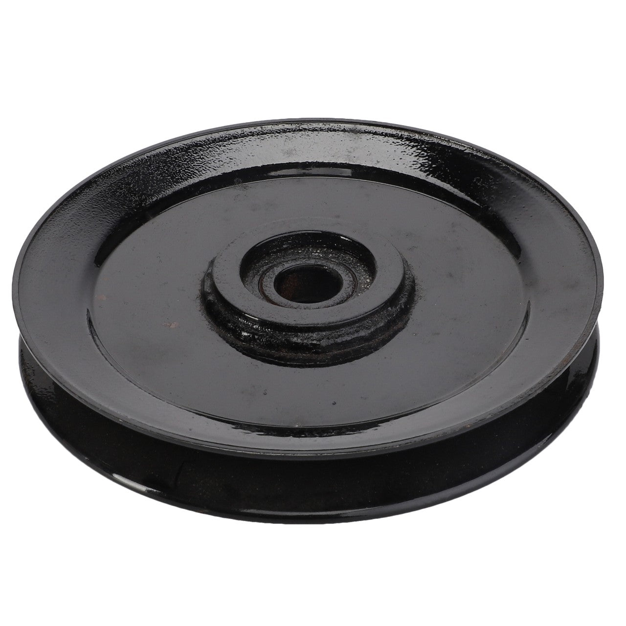 The AGCO Tensioner Pulley - ACY1571260 is a black metal pulley featuring a central circular hole and a flat rim, typically utilized in mechanical applications. Unfortunately, no additional product description information is available at this time.