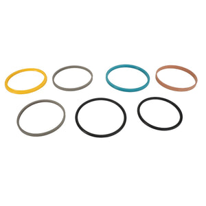 Product Description: Presenting the AGCO Seal Set Hydraulic Cylinder - F650153021340, featuring assorted colored rubber O-rings neatly arranged in two rows against a white background.