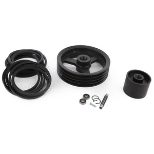 The AGCO Threshing Drum Speed Reducer D28085775 set includes multiple rubber belts, small circular components, and a metal pin, all neatly arranged on a white background.