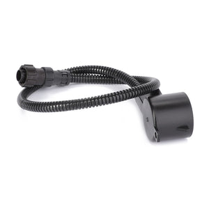 The AGCO Speed Sensor - D28780514 is a black corrugated hose featuring a cylindrical attachment on one end, designed for use in automotive or industrial applications, and is compatible with Massey Ferguson models.