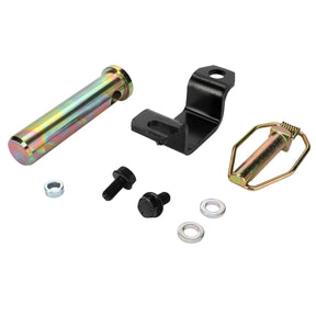 No current product description available for the AGCO Drawbar Bracket - Acp0665030 from AGCO, featuring a set of metal hardware components, including a cylindrical pin, a black bracket, a metal wire clip, bolts, and washers.