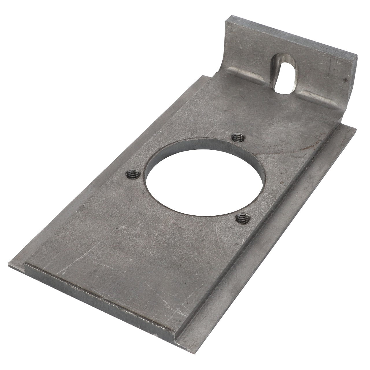 Introducing the AGCO | BEARING HOUSING - D28588005 by AGCO: a rectangular metal bracket featuring a round central hole, two smaller screw holes, and a protruding end with a slotted hole.