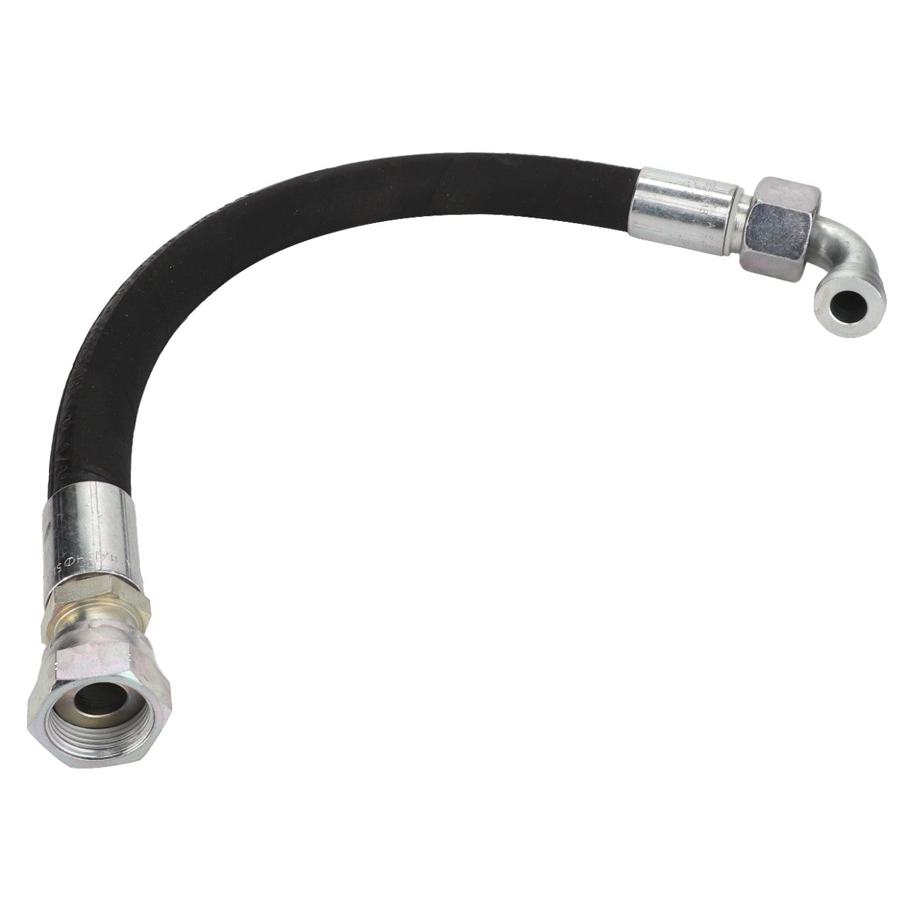 The AGCO | Hydraulic Hose - Acw2276040 is a curved black hydraulic hose featuring metal fittings on both ends. No current product description information is available.