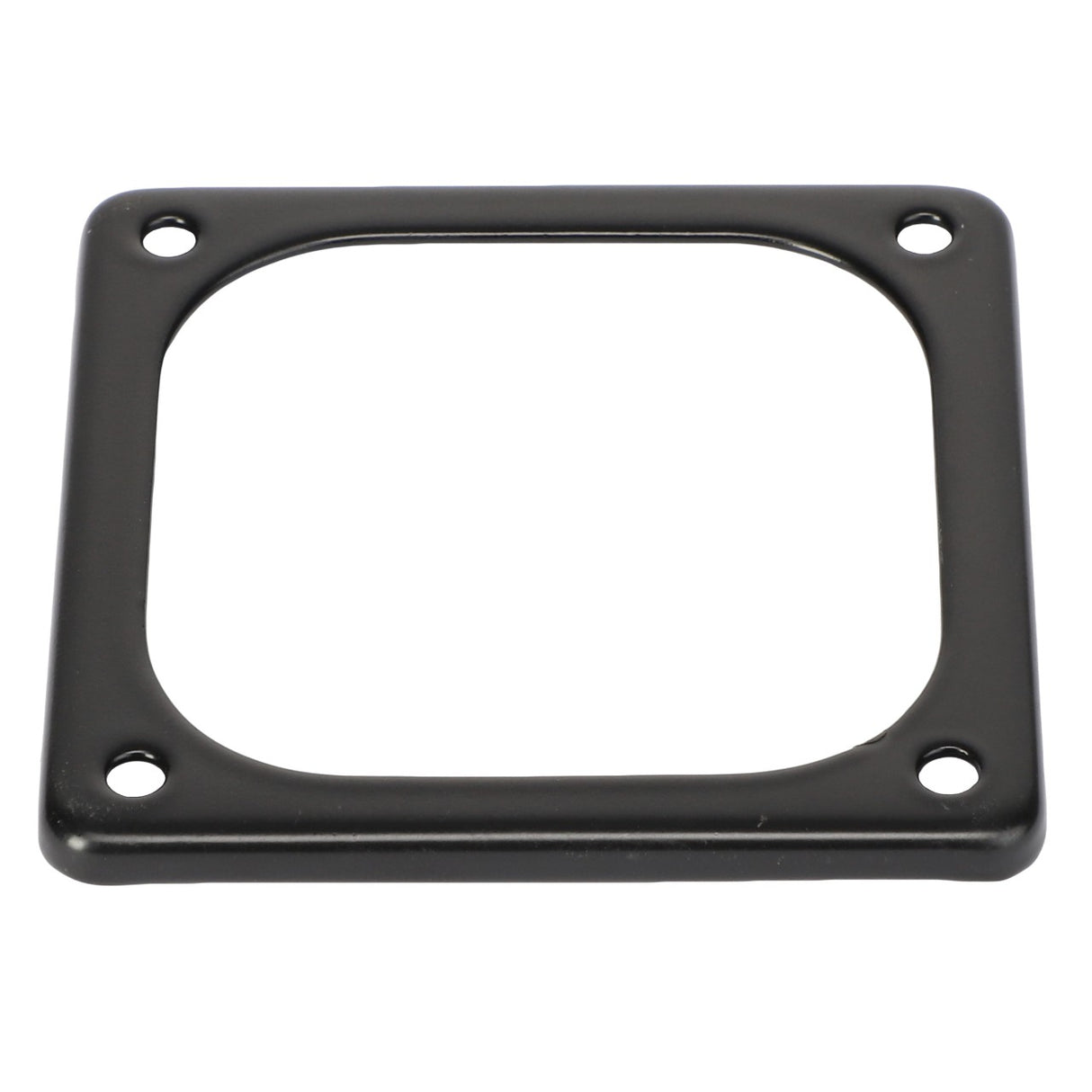 The AGCO | PROTECTION - 0.010.4505.0 is a black, square-shaped metal plate with rounded corners and four bolt holes, one at each corner, ideal for sturdy installations. Our support team is available to assist with ordering and any inquiries related to this product description from AGCO.