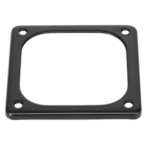 The AGCO | PROTECTION - 0.010.4505.0 is a black, square-shaped metal plate with rounded corners and four bolt holes, one at each corner, ideal for sturdy installations. Our support team is available to assist with ordering and any inquiries related to this product description from AGCO.