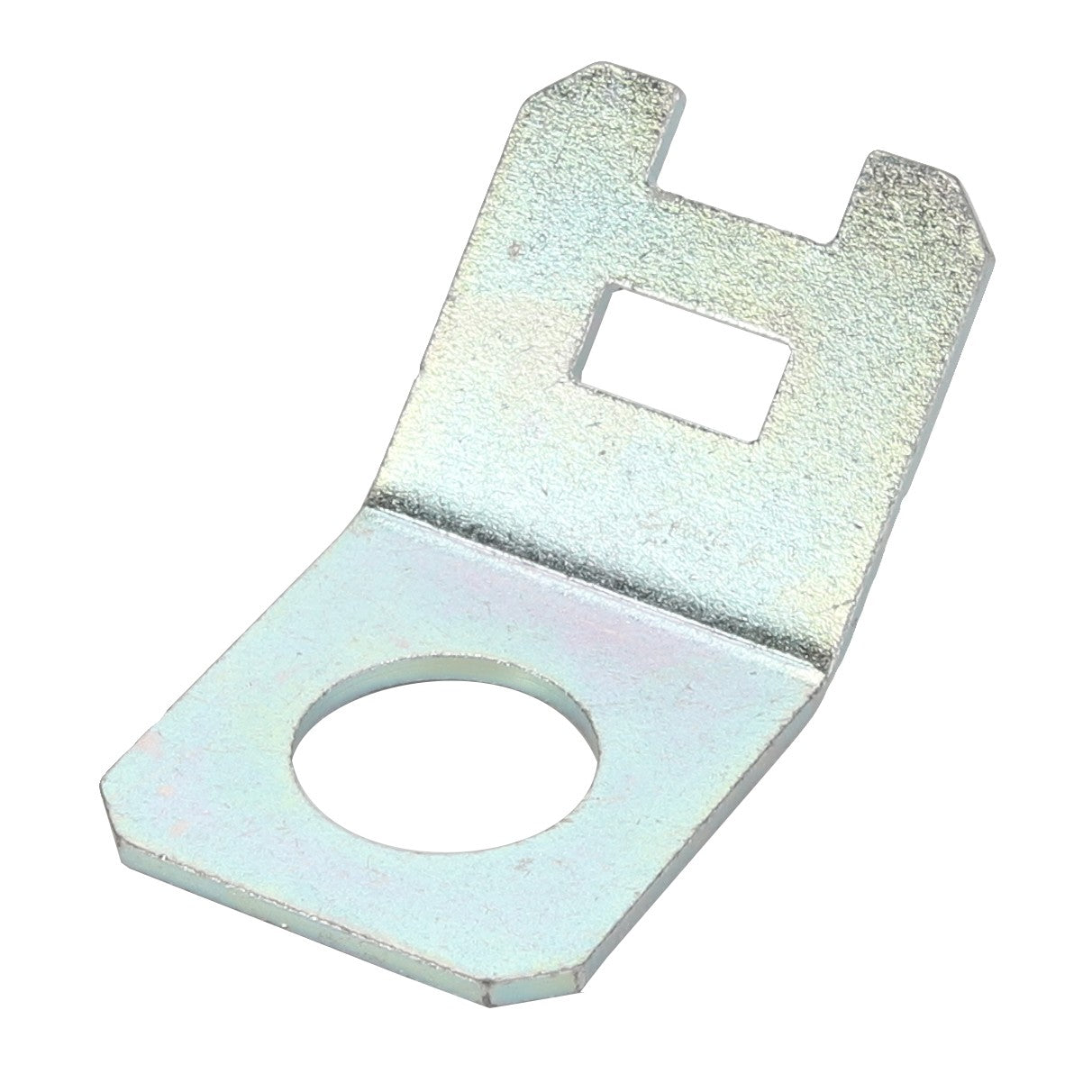 The AGCO | Clamp - Acw0658290, offered by AGCO, is a metal bracket featuring both a large circular hole and a smaller square hole, specifically designed for mounting or securing various components. Currently, detailed product description information is not available.