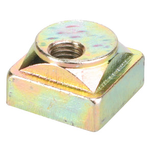 The AGCO Eccentric Nut - Fel150519 is a square-shaped metal nut with a threaded hole in the center and features a multicolored, slightly reflective surface.