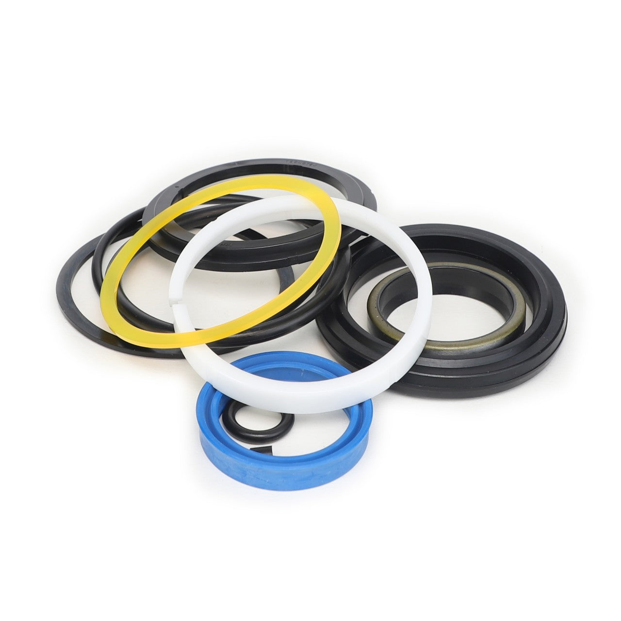 A collection of AGCO | SEAL - AL5036161, variously sized sealing rings and gaskets in black, white, yellow, and blue, arranged on a light background with no current product description information available.