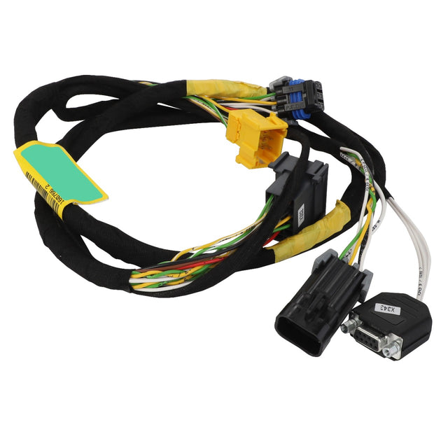 Image of the AGCO HARNESS - ACW032396A, a black and yellow automotive wiring harness specifically designed for Massey Ferguson's Dyna-VT transmission in the MF 8737 S model. It features multiple connectors, including a distinctive yellow plug and black connectors, as well as a green and white label.