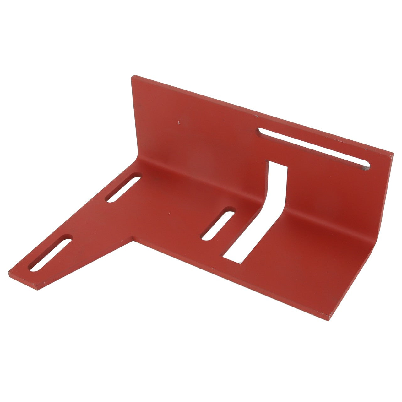 AGCO | BRACKET - D28787148 is a red, L-shaped metal bracket featuring multiple slots and cutouts for versatile mounting options.