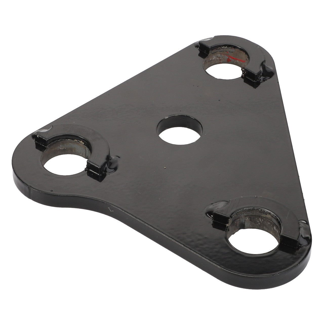 The AGCO | LEFT HAND LINK - AL142886 is a triangular black metal plate featuring three large holes near the corners and one central hole.