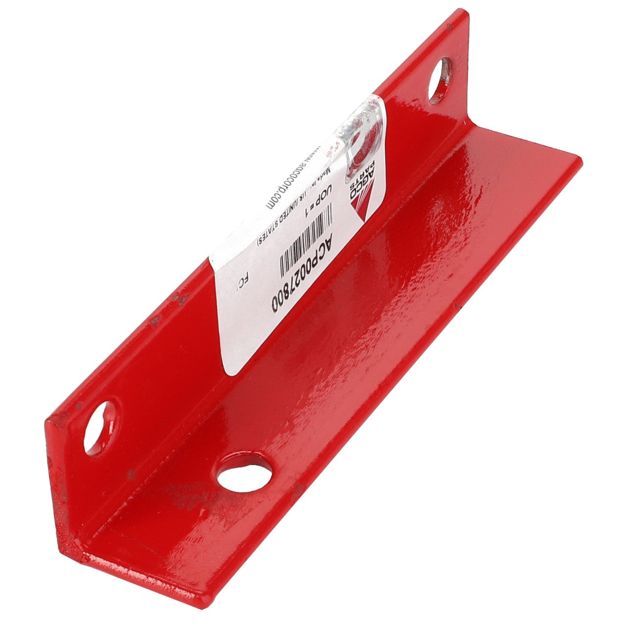 A red metal bracket branded AGCO, named the Angle Bracket - Acp0027800, featuring two large holes and one smaller hole, with a white label displaying barcodes and text. No current product description available.