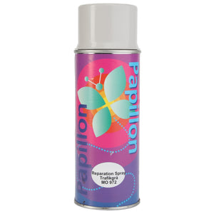 A spray can labeled "AGCO | PAINT-AEROSOL - D49207400" from the AGCO brand is designed with a butterfly motif and contains Reparation Spray in Trafikgrå color, MO 972. At present, there is no additional product description information available.